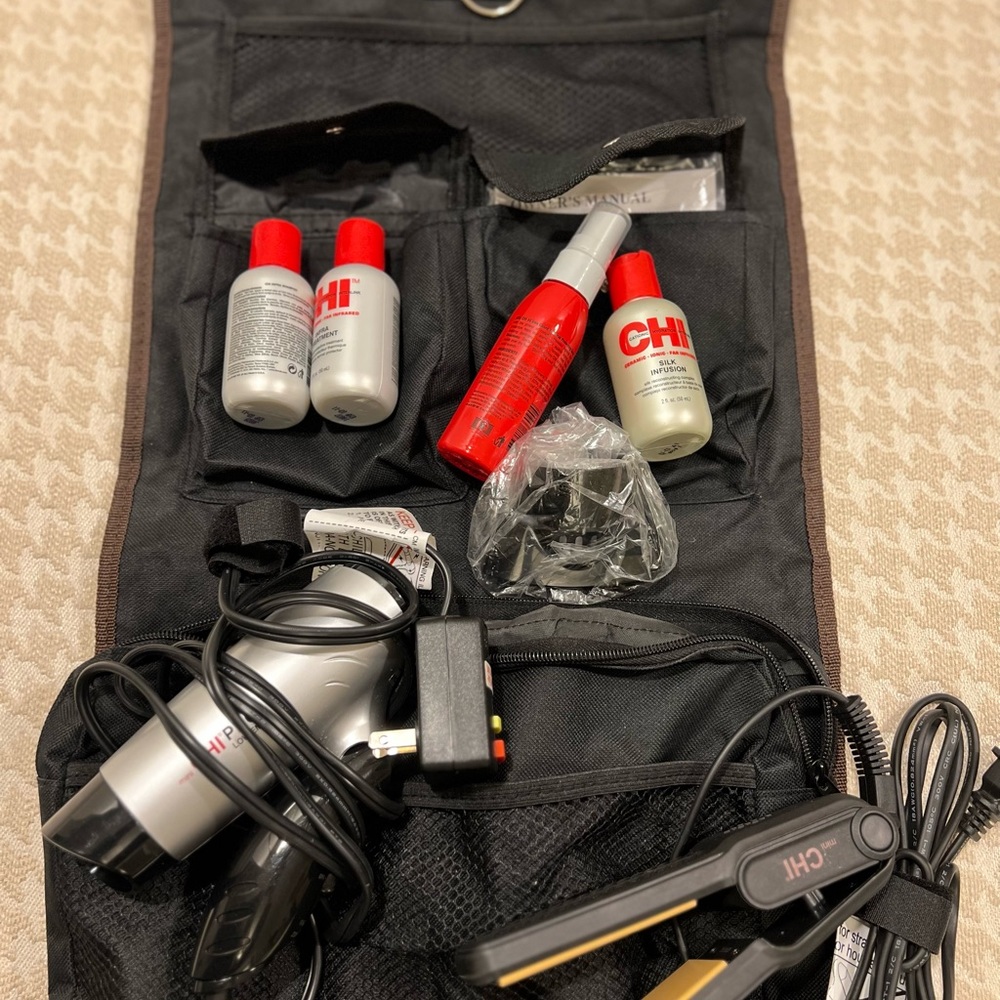 Chi travel set hair tools and products with back of the door hanging case